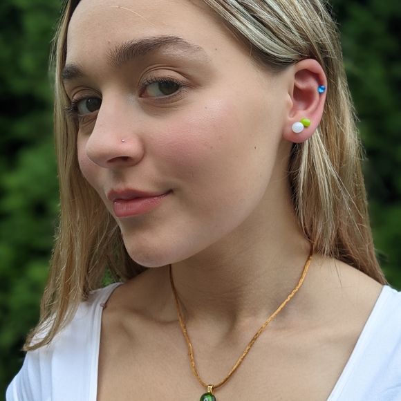 Artisan Handmade yellow rectangle opaque glass studs. 1/2cm in size. - Picture 2 of 3